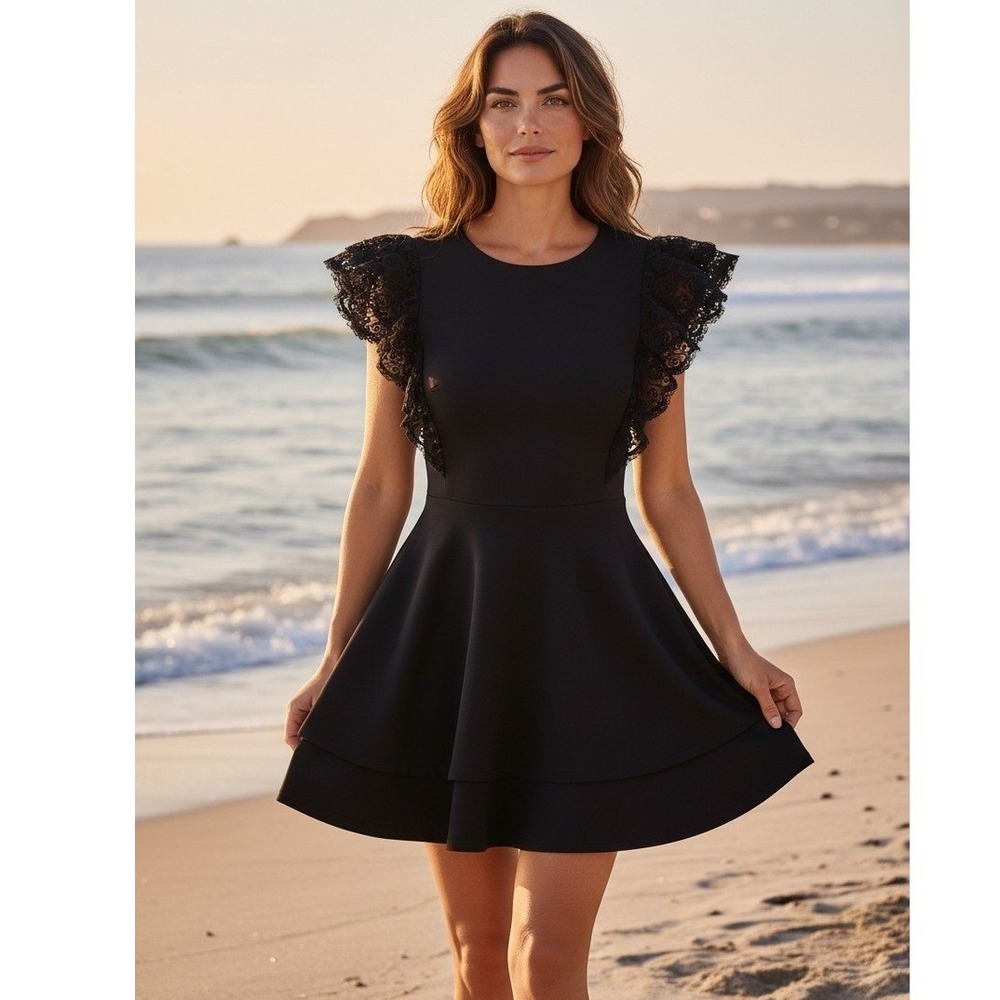 Crystal Doll Crepe Dress Black Fit Flare 3D Rosette Sleeve Small LBD Party Tier